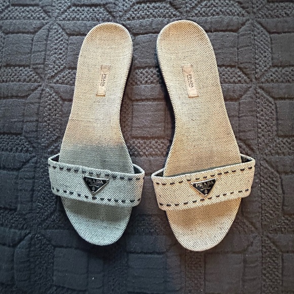 Prada Shoes - Authentic Prada Canvas Slides with Logo Plaque